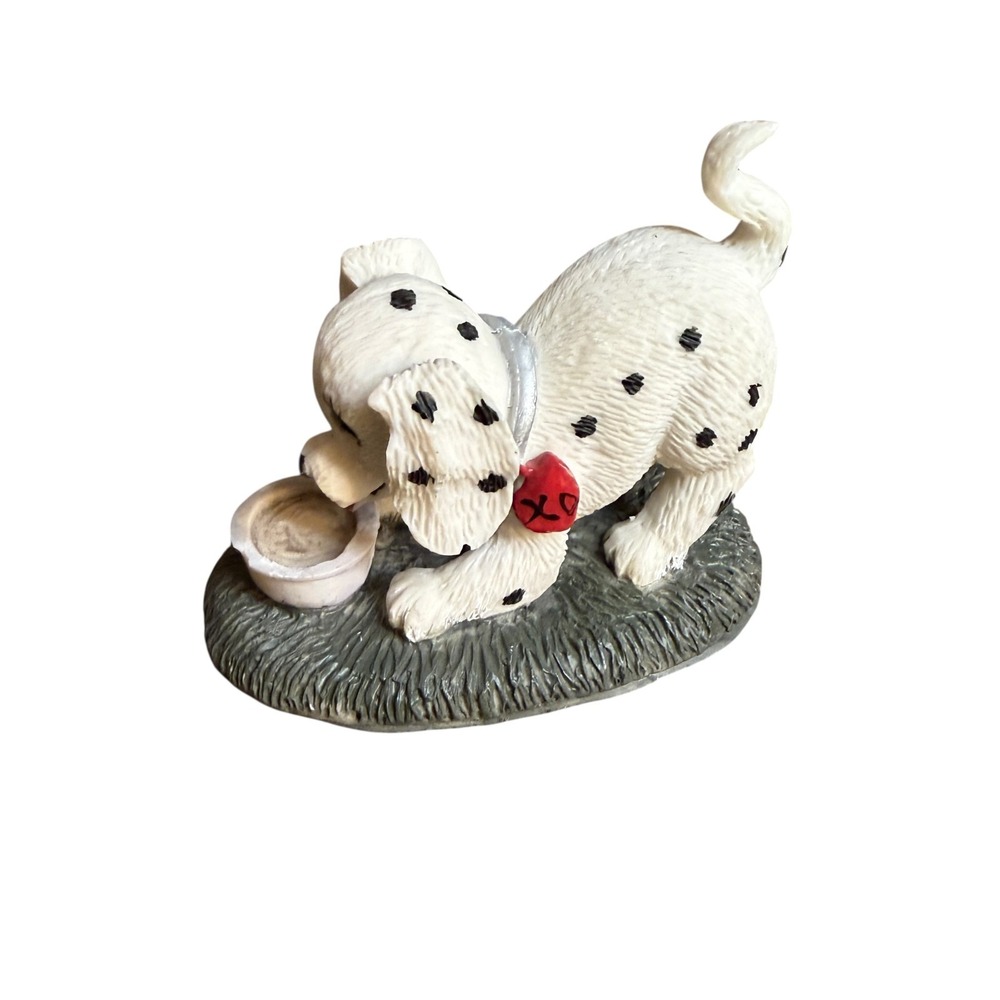 Dalmatian Puppy Dog Figurine Spotted Puppy with Heart Tag and Food Bowl Resin